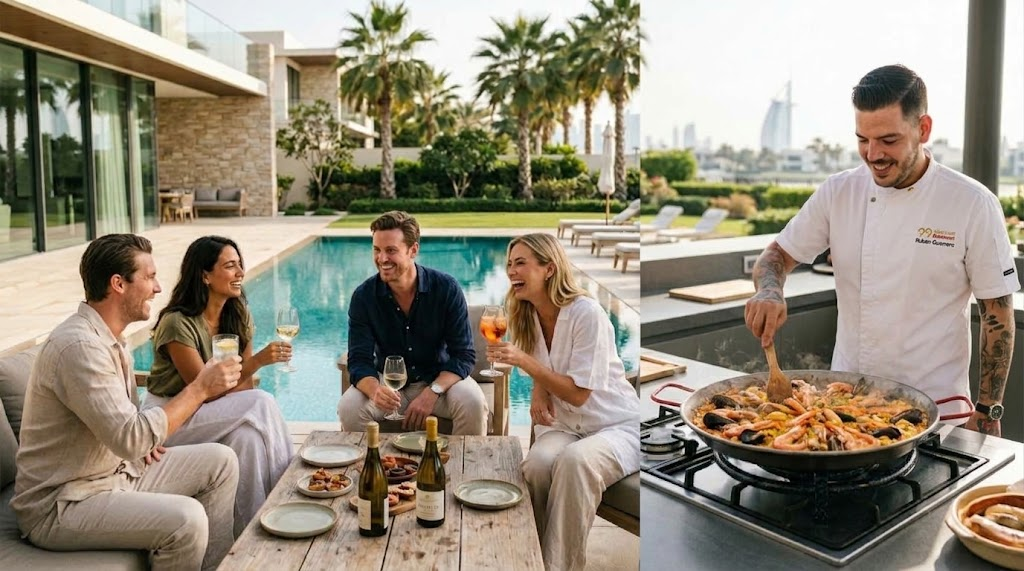 Guests enjoying drinks poolside while gathering around the live paella station