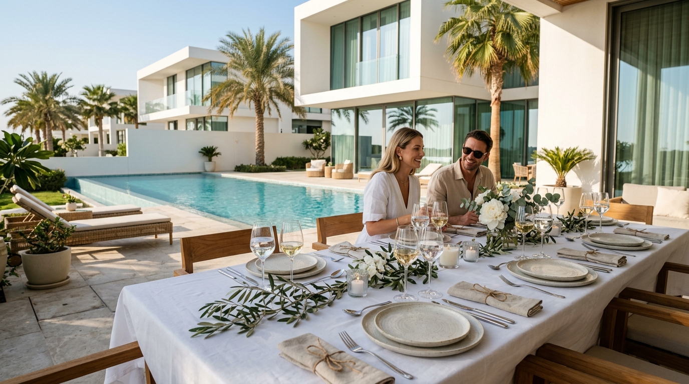 Sun-drenched Dubai private villa poolside dining table set with white linen and wine glasses
